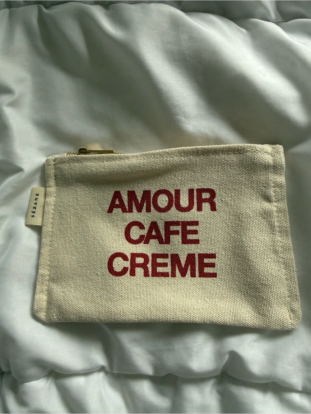 Sezane Cream Canvas Pouch with Red 'AMOUR CAFE CREME' Print from the UK